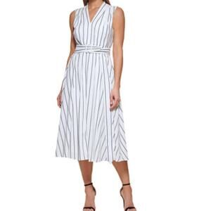 DKNY Women's Midi Dress White with Navy Stripe Size 14 V-Neck Belted Sleeveless